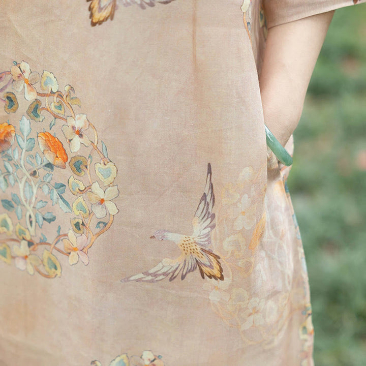 Vestido midi Cheongsam con estampado de pájaros y flores naranjas de Buddha Stones Vestido de media manga de lino y algodón con bolsillos - image 3