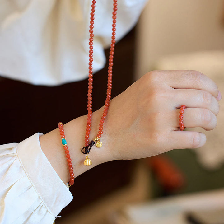 Juego de anillos y colgante de collar, pulsera de confianza, turquesa, ágata roja Natural, chapado en plata de ley 925, Buddha Stones