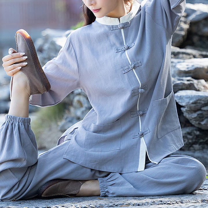 Conjunto de 2 piezas de camisa de manga larga con botones de rana y pantalones de meditación Zen Tai Chi, ropa de lino y algodón para mujer - image 6