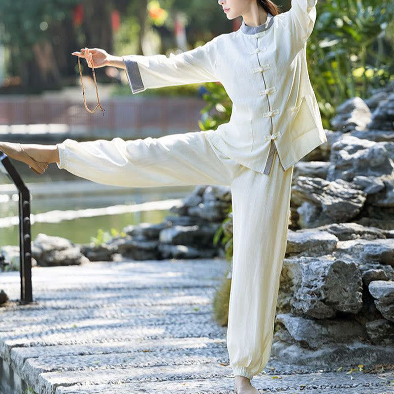 Conjunto de 2 piezas de camisa de manga larga con botones de rana y pantalones de meditación Zen Tai Chi, ropa de lino y algodón para mujer - image 3