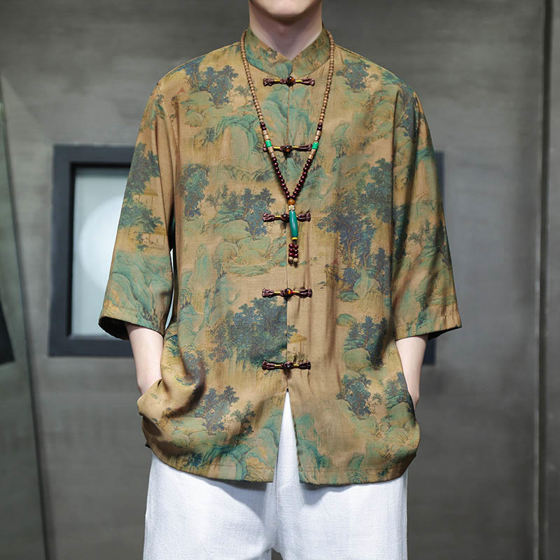 Camiseta de hombre con diseño de dragón chino y paisaje de Buddha Stones , camiseta de manga tres cuartos china - Paisaje (solo la parte superior) - US/UK/AU46, EU56 (5XL)  - image 0