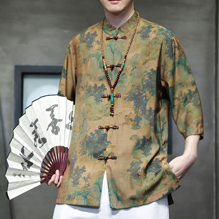 Camiseta de hombre con diseño de dragón chino y paisaje de Buddha Stones , camiseta de manga tres cuartos china - image 3