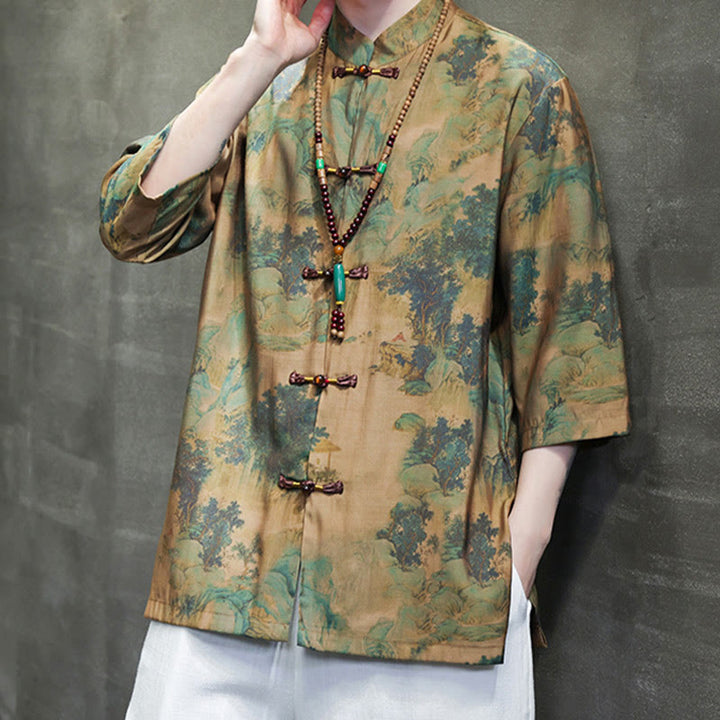 Camiseta de hombre con diseño de dragón chino y paisaje de Buddha Stones , camiseta de manga tres cuartos china - image 1