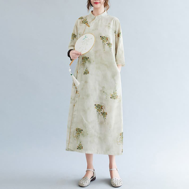 Vestido midi cheongsam con estampado de hojas verdes y amarillas y flores de piedras de Buddha Stones Vestido de manga tres cuartos con bolsillos - 2XL(busto 114 cm/hombro 43 cm/largo 118 cm) - image 0