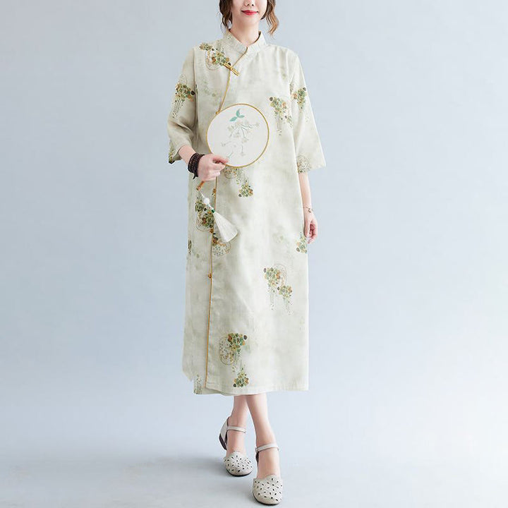 Vestido midi cheongsam con estampado de hojas verdes y amarillas y flores de piedras de Buddha Stones Vestido de manga tres cuartos con bolsillos - image 4