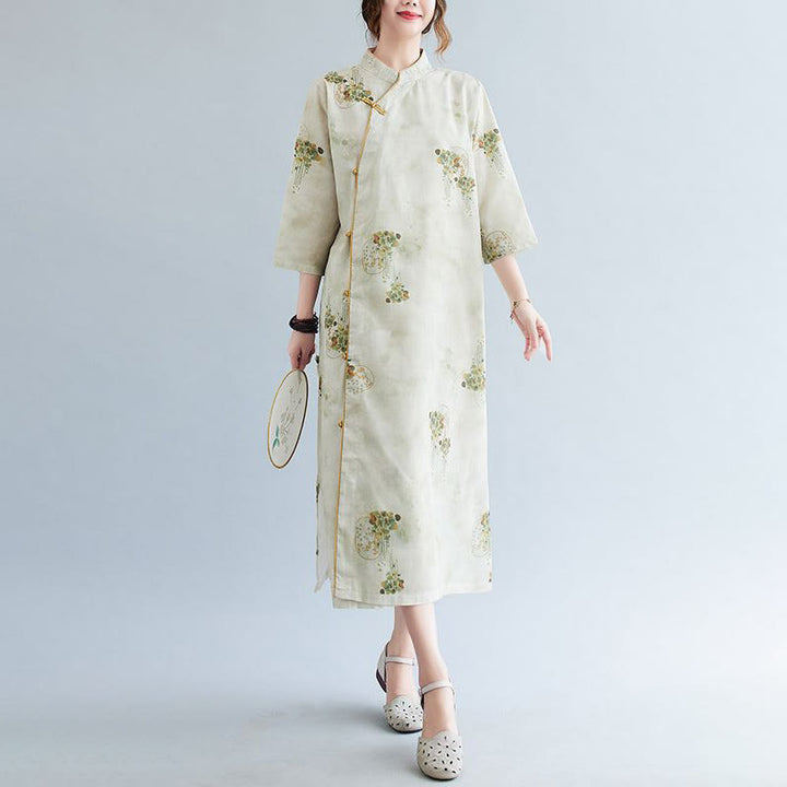 Vestido midi cheongsam con estampado de hojas verdes y amarillas y flores de piedras de Buddha Stones Vestido de manga tres cuartos con bolsillos - image 5