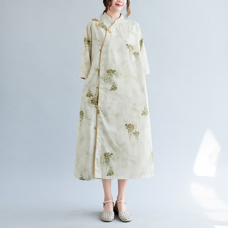 Vestido midi cheongsam con estampado de hojas verdes y amarillas y flores de piedras de Buddha Stones Vestido de manga tres cuartos con bolsillos - image 3