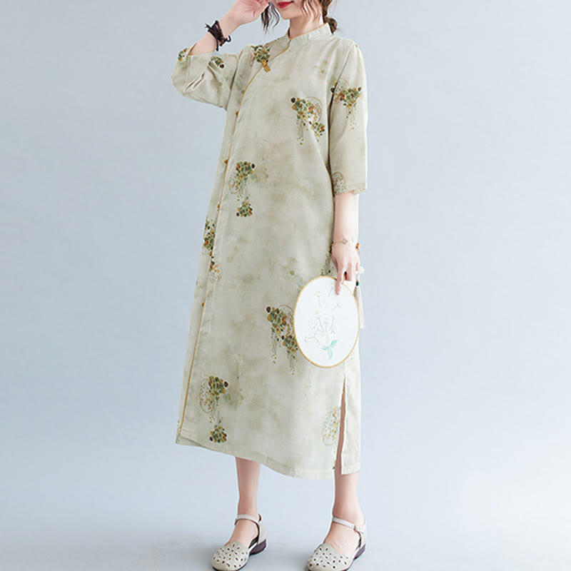 Vestido midi cheongsam con estampado de hojas verdes y amarillas y flores de piedras de Buddha Stones Vestido de manga tres cuartos con bolsillos - image 2