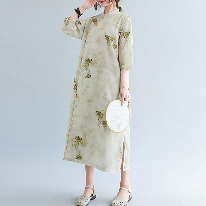 Vestido midi cheongsam con estampado de hojas verdes y amarillas y flores de piedras de Buddha Stones Vestido de manga tres cuartos con bolsillos - image 2