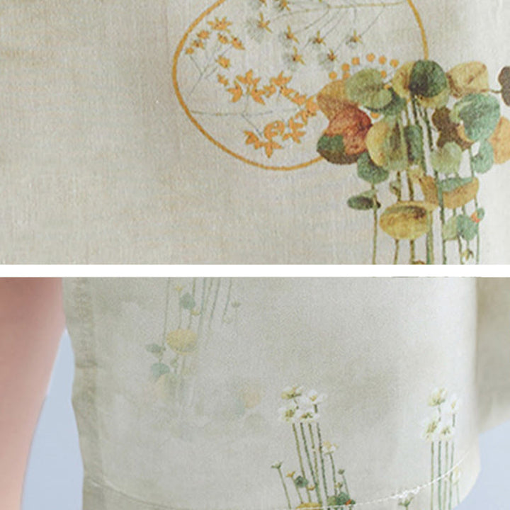 Vestido midi cheongsam con estampado de hojas verdes y amarillas y flores de piedras de Buddha Stones Vestido de manga tres cuartos con bolsillos - image 9