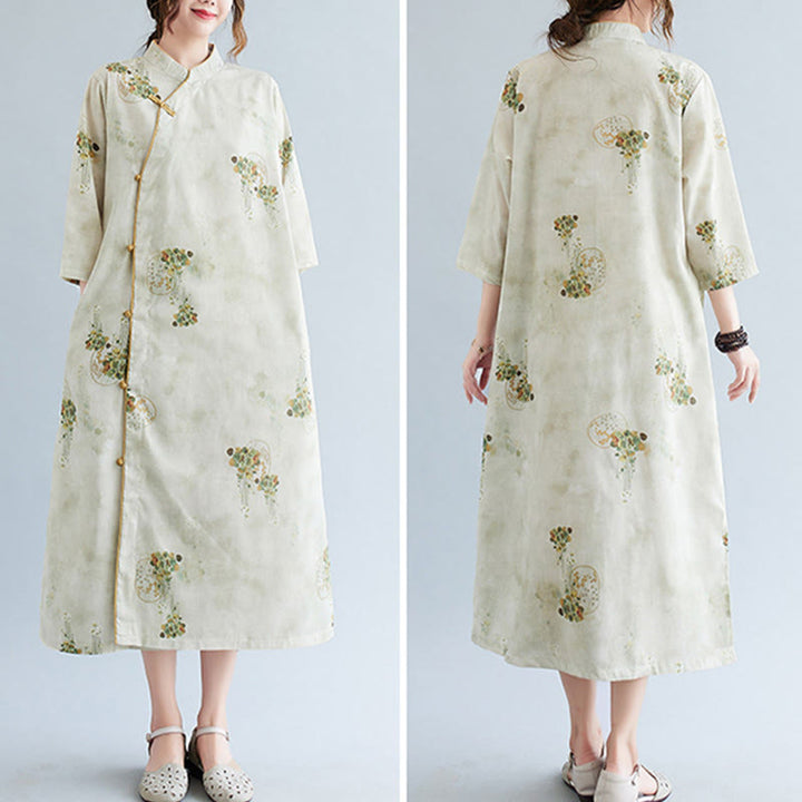 Vestido midi cheongsam con estampado de hojas verdes y amarillas y flores de piedras de Buddha Stones Vestido de manga tres cuartos con bolsillos - image 6