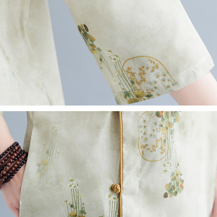 Vestido midi cheongsam con estampado de hojas verdes y amarillas y flores de piedras de Buddha Stones Vestido de manga tres cuartos con bolsillos - image 10