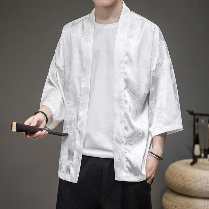 Buddha Stones Dragón Chino Chaqueta Frontal Abierta Kimono para Hombre - Blanco (solo la parte superior) - US/UK/AU46, EU56 (5XL)  - image 0