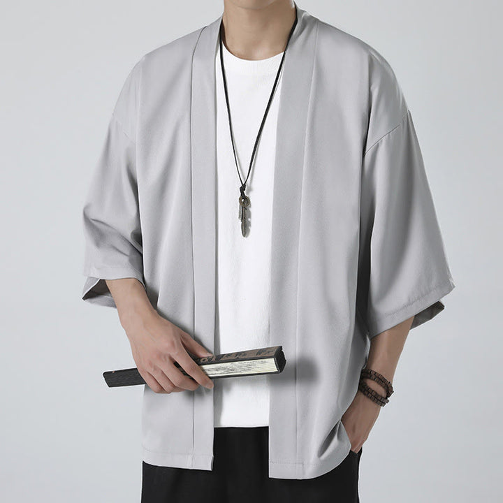 Chaqueta con frente abierto de color liso con Buddha Stones Kimono para hombre - Gris (solo chaqueta) - US/UK/AU46, EU56 (5XL) - image 13