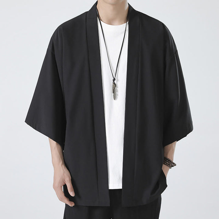 Chaqueta con frente abierto de color liso con Buddha Stones Kimono para hombre - image 6