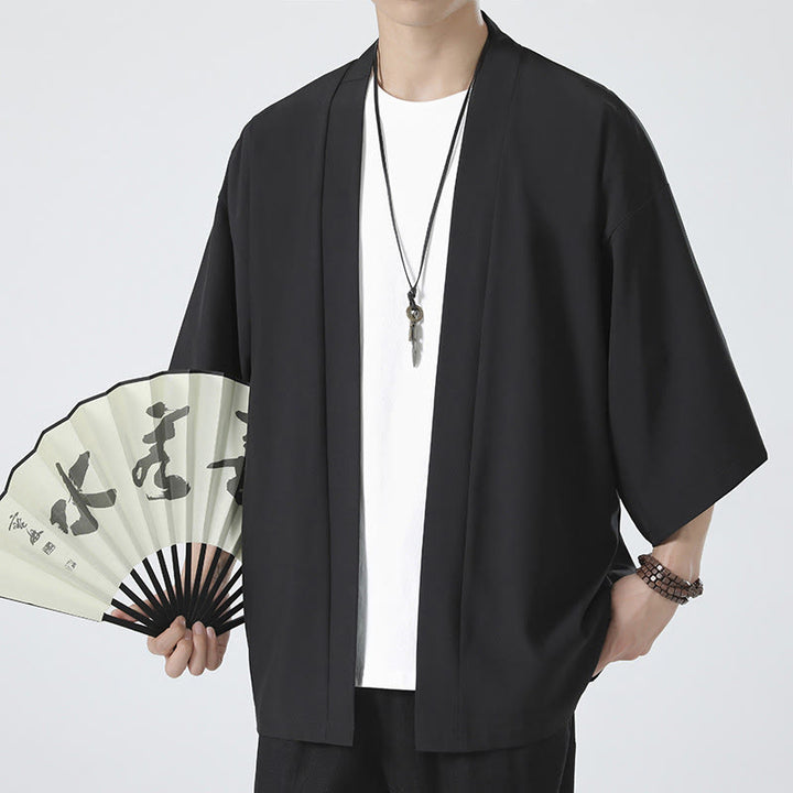 Chaqueta con frente abierto de color liso con Buddha Stones Kimono para hombre - image 3