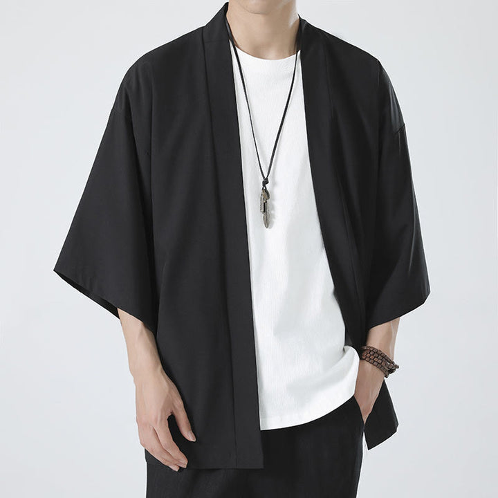 Chaqueta con frente abierto de color liso con Buddha Stones Kimono para hombre - image 4