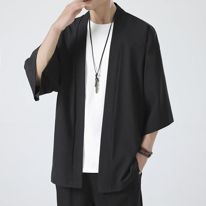 Chaqueta con frente abierto de color liso con Buddha Stones Kimono para hombre - image 7