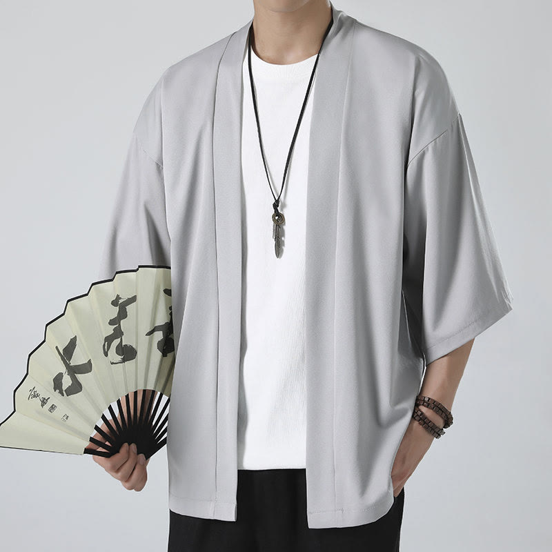 Chaqueta tipo kimono con abertura frontal de color liso con Buddha Stones para hombre - image 13