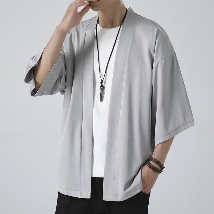 Chaqueta tipo kimono con abertura frontal de color liso con Buddha Stones para hombre - image 14