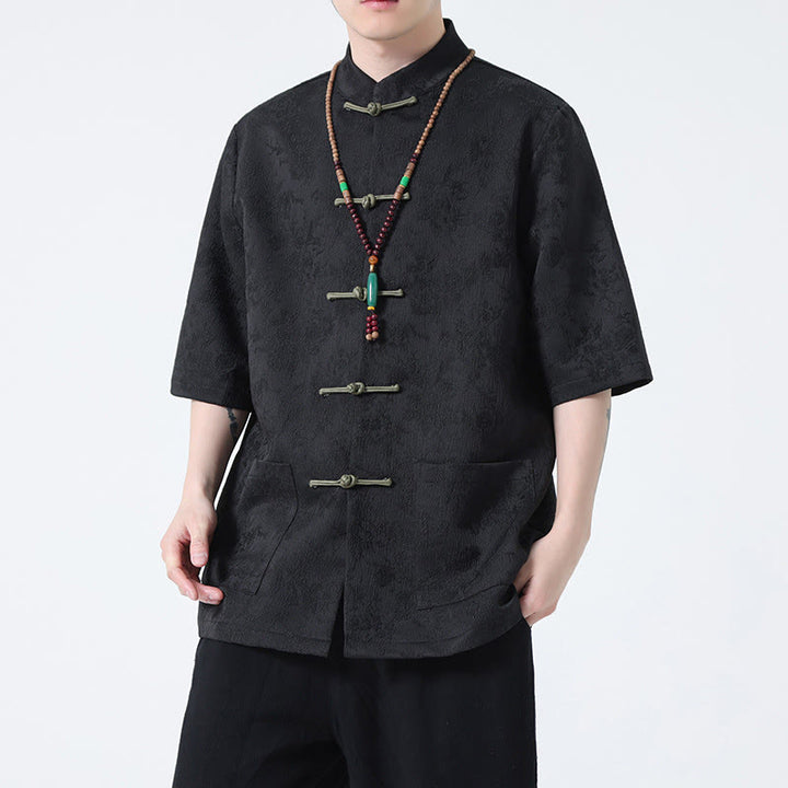 Camiseta china de media manga con botones de rana de Jacquard de Color sólido con Buddha Stones para hombre