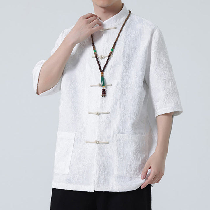Camiseta china de media manga con botones de rana de Jacquard de Color sólido con Buddha Stones para hombre