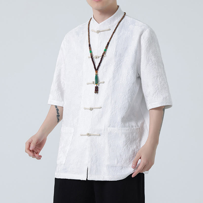 Camiseta china de media manga con botones de rana de Jacquard de Color sólido con Buddha Stones para hombre