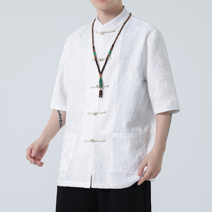 Camiseta china de media manga con botones de rana de Jacquard de Color sólido con Buddha Stones para hombre
