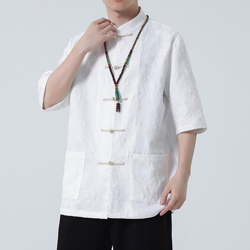 Camiseta china de media manga con botones de rana de Jacquard de Color sólido con Buddha Stones para hombre