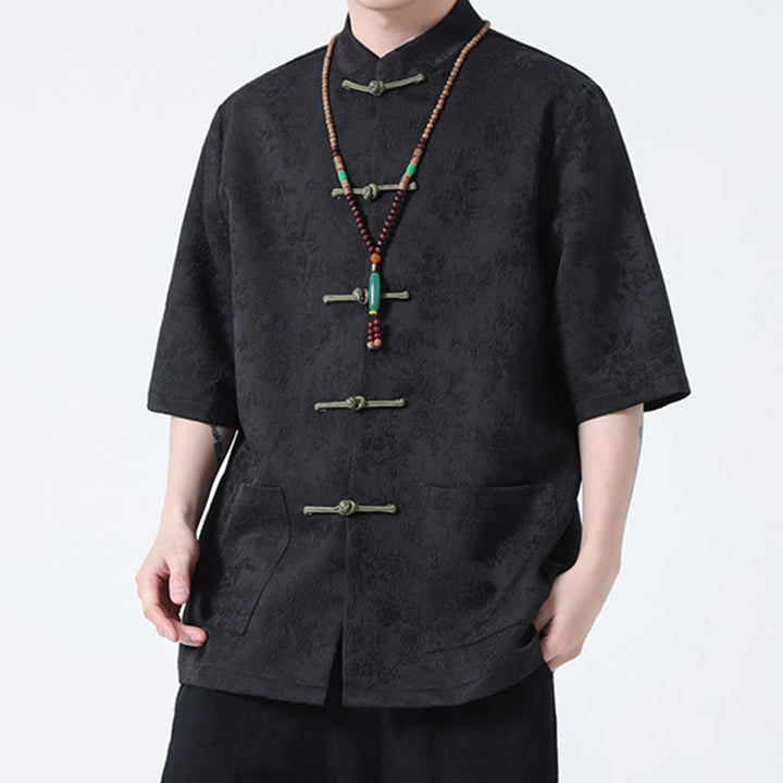 Camiseta china de media manga con botones de rana de Jacquard de Color sólido con Buddha Stones para hombre