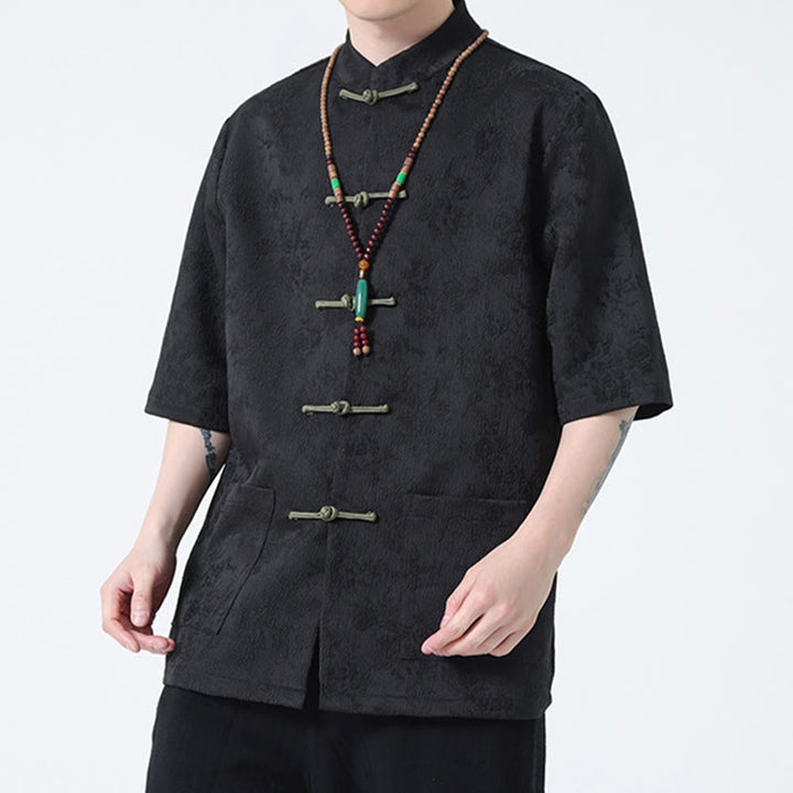 Camiseta china de media manga con botones de rana de Jacquard de Color sólido con Buddha Stones para hombre