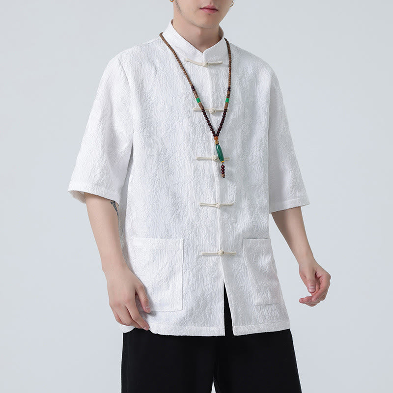 Camiseta china de media manga con botones de rana de Jacquard de Color sólido con Buddha Stones para hombre