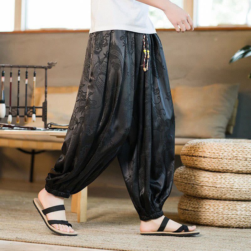 Pantalones bombachos holgados con estampado de dragón y Buddha Stones para hombre con bolsillos - Negro - US/UK/AU46, EU56 (5XL) - image 0