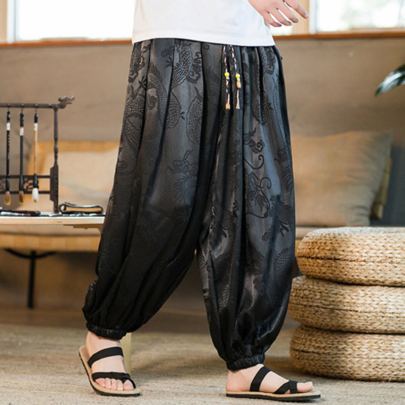 Pantalones bombachos holgados con estampado de dragón y Buddha Stones para hombre con bolsillos