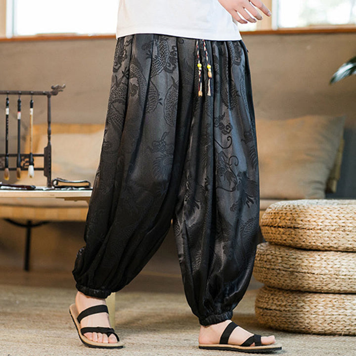 Pantalones bombachos holgados con estampado de dragón y Buddha Stones para hombre con bolsillos