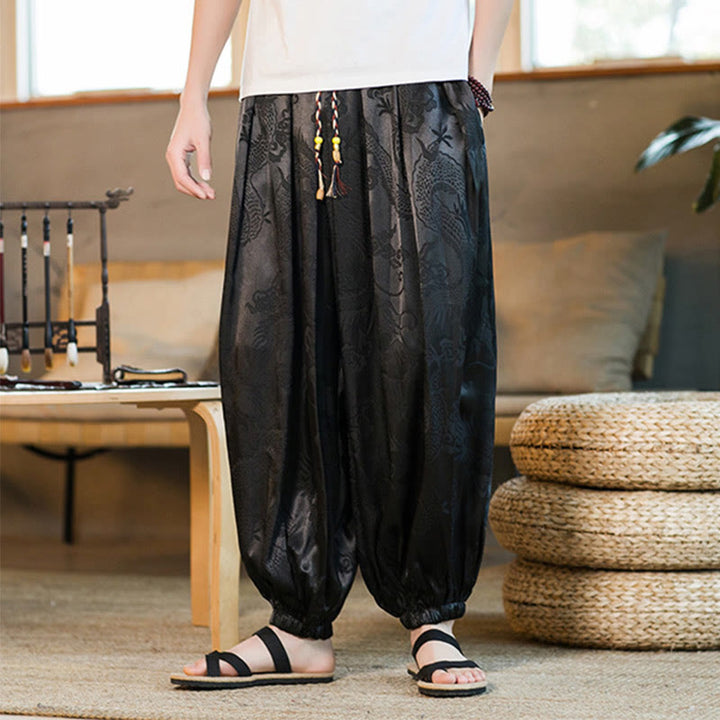 Pantalones bombachos holgados con estampado de dragón y Buddha Stones para hombre con bolsillos