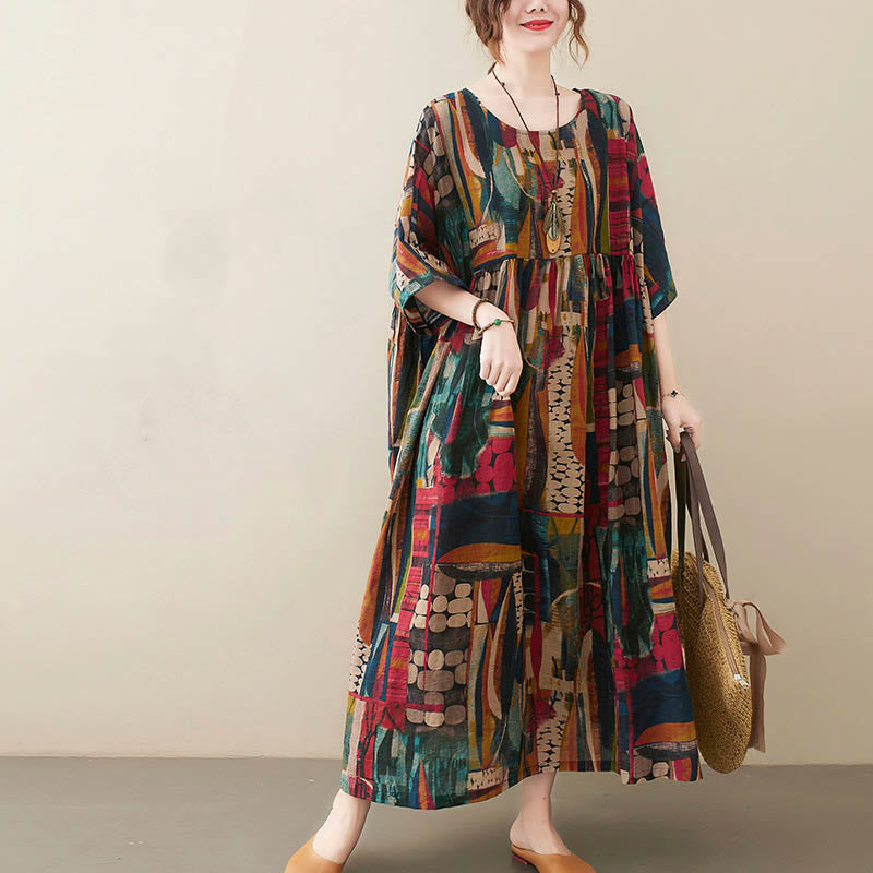 Vestido midi con estampado colorido de Buddha Stones Vestido estilo túnica de media manga de algodón con bolsillos - image 1