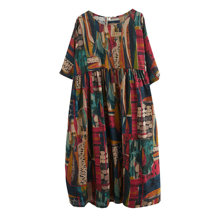 Vestido midi con estampado colorido de Buddha Stones Vestido estilo túnica de media manga de algodón con bolsillos - image 13