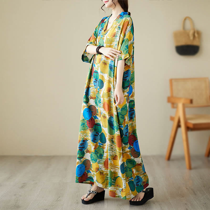 Vestido midi de lunares de colores azul naranja y piedras de Buddha Stones Vestido de media manga de algodón con bolsillos - image 1