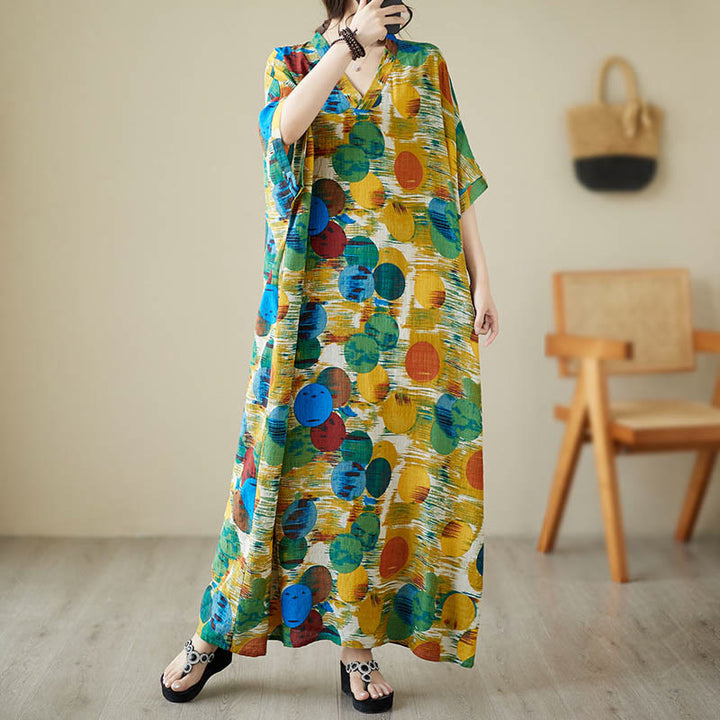 Vestido midi de lunares de colores azul naranja y piedras de Buddha Stones Vestido de media manga de algodón con bolsillos - image 4