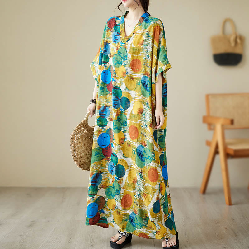 Vestido midi de lunares de colores azul naranja y piedras de Buddha Stones Vestido de media manga de algodón con bolsillos - image 2