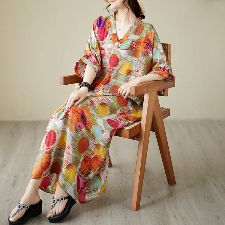 Vestido midi de lunares de colores azul naranja y piedras de Buddha Stones Vestido de media manga de algodón con bolsillos - image 10