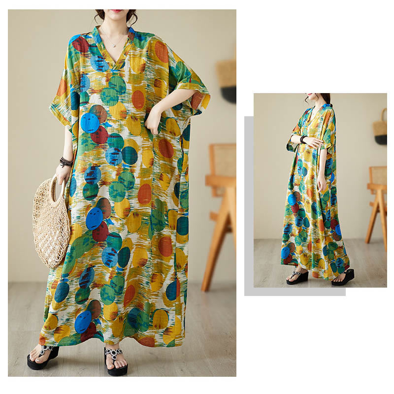 Vestido midi de lunares de colores azul naranja y piedras de Buddha Stones Vestido de media manga de algodón con bolsillos - image 7