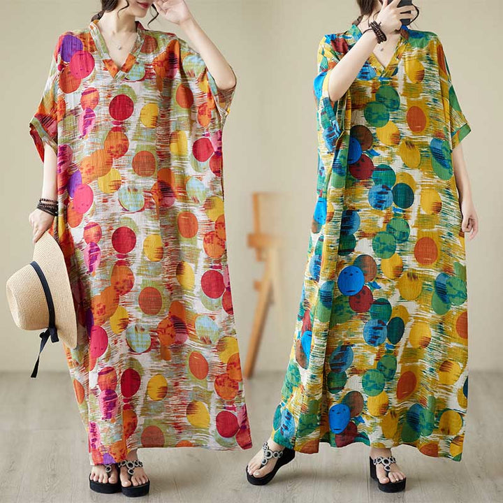 Vestido midi de lunares de colores azul naranja y piedras de Buddha Stones Vestido de media manga de algodón con bolsillos - image 8