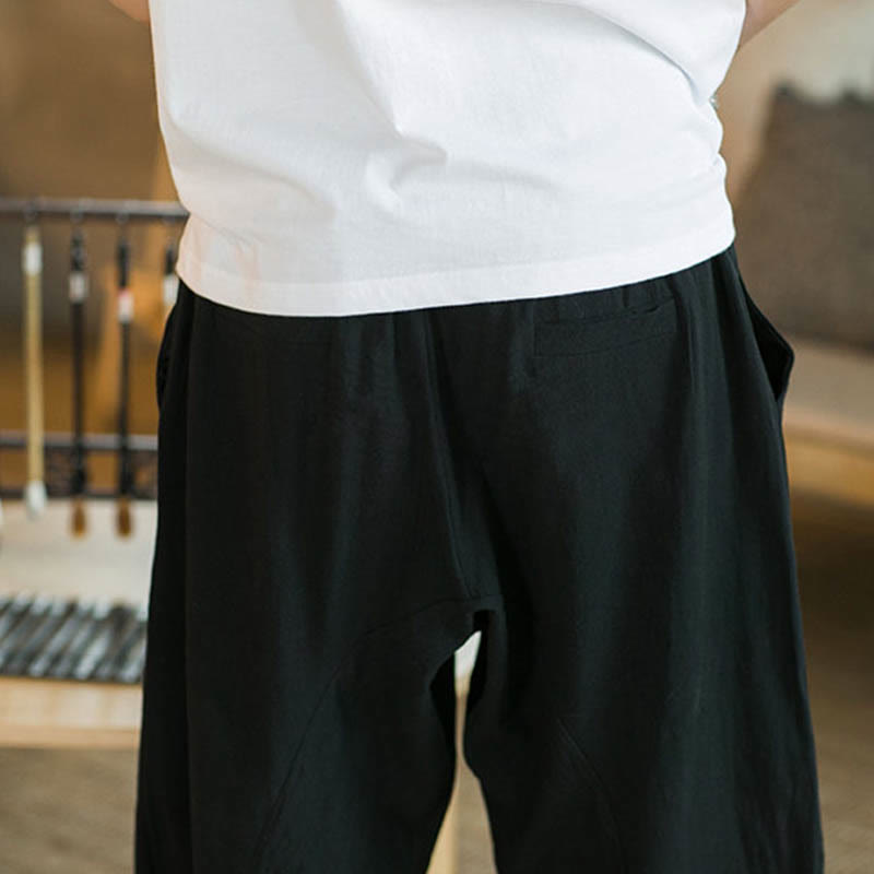 Buddha Stones Pantalones anchos de longitud media de color sólido Pantalones anchos de algodón para hombres con bolsillos - image 8
