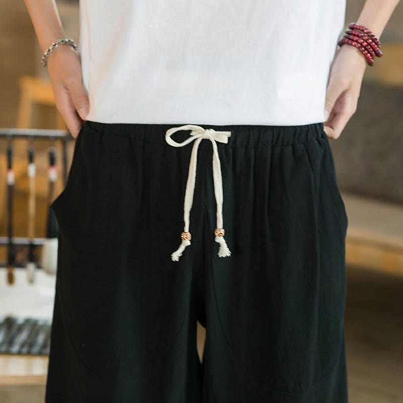 Buddha Stones Pantalones anchos de longitud media de color sólido Pantalones anchos de algodón para hombres con bolsillos - image 9