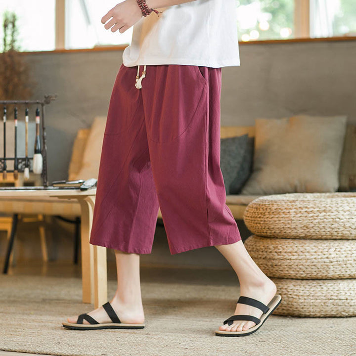 Buddha Stones Pantalones anchos de longitud media de color sólido Pantalones anchos de algodón para hombres con bolsillos - image 32