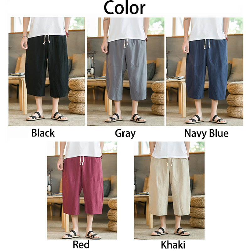 Buddha Stones Pantalones anchos de longitud media de color sólido Pantalones anchos de algodón para hombres con bolsillos - image 12