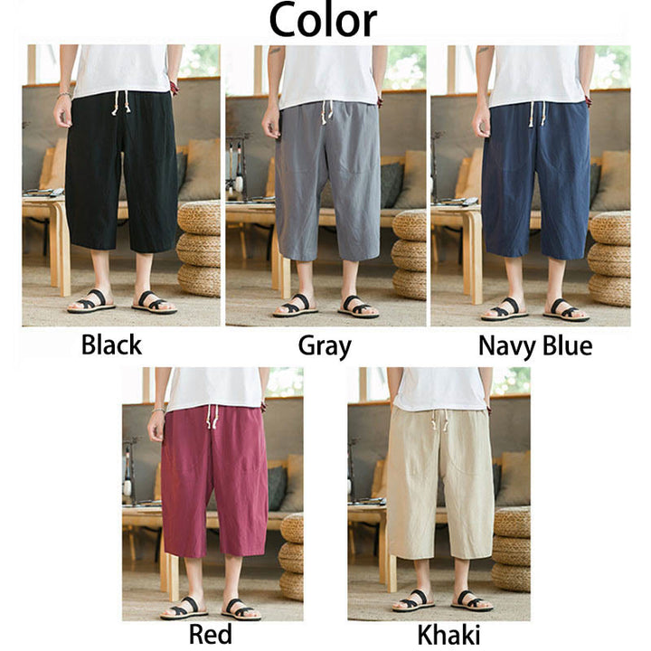 Buddha Stones Pantalones anchos de longitud media de color sólido Pantalones anchos de algodón para hombres con bolsillos - image 12