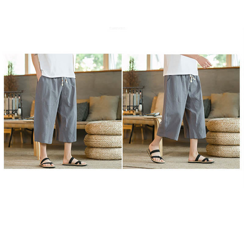Buddha Stones Pantalones anchos de longitud media de color sólido Pantalones anchos de algodón para hombres con bolsillos - image 48